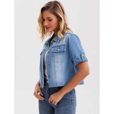 Женские куртки INSPIRE CHIC Women's Turndown Collar Short Sleeve Button Denim Jacket White Medium — фото 2