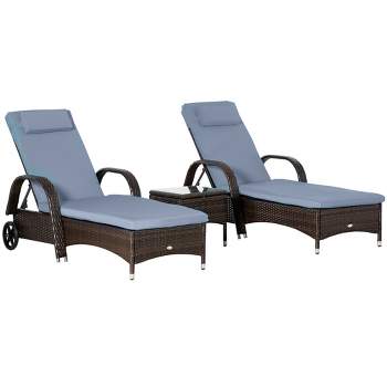 Outsunny 3 Pieces Patio Wicker Chaise Lounge Chair Set, Adjustable Outdoor PE Rattan Cushioned Lounge Set of 2 with Armrests, Side Table & Moving Wheels