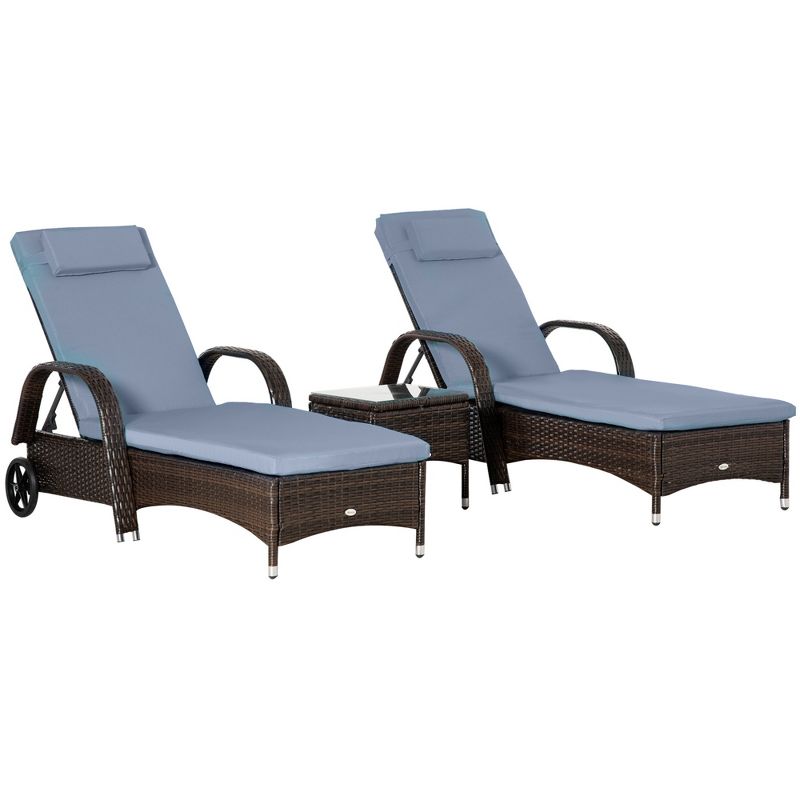 Outsunny 3 Pieces Patio Wicker Chaise Lounge Chair Set, Adjustable Outdoor PE Rattan Cushioned Lounge Set of 2 with Armrests, Side Table & Moving Wheels, 1 of 9