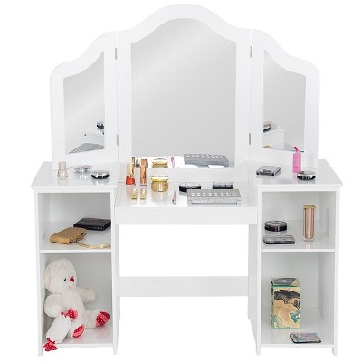 Costway Vanity Table Set Makeup Dressing Kids Girls Study Table Tri Folding Mirror