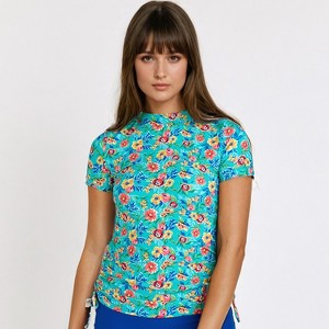 Calypsa Women's Mock Neck Short Sleeve UPF 50+ Adele Swim Top - 1 of 3