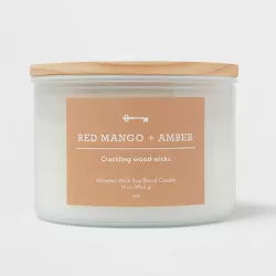Milky White Glass Woodwick Candle with Wood Lid and Stamped Logo Red Mango and Amber - Threshold™