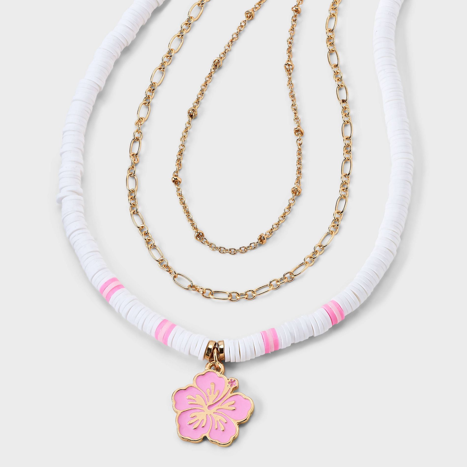 Girls' 3pk Layered Necklace Set with Hibiscus Charm - Cat & Jack™ Gold/Pink