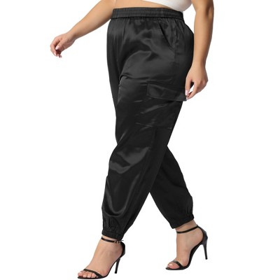 Agnes Orinda Women's Plus Size Satin Cargo Elastic Waist Athleisure Ankle  Length Joggers Pant Black 2X