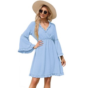 Coolmee Women's Spring Summer Dress V Neck Ruffle Sleeve A line Mini Dress Flowy Swing High Waist Dresses - 1 of 4