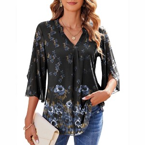 Zeagoo 3/4 Sleeve Tops for Women Ruffle V Neck Mesh Blouses Flowy Floral Loose Work Casual Tunic Shirts Blue Flower M - 1 of 4