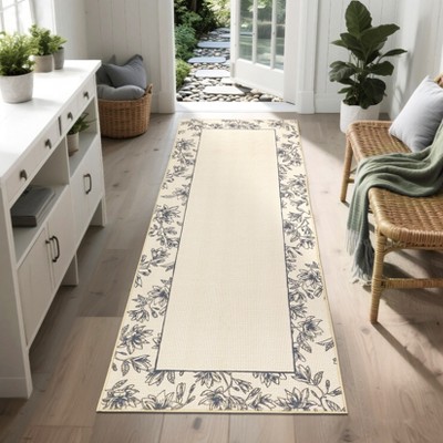 Washable Modern Bordered Rug Non Slip Low Pile Rug Soft Floral Throw Floor Cover Foldable Indoor Carpet for Living Room Bedroom Playroom Nursery