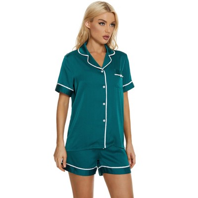 Cheibear Women's Button-down Shirt And Pants Contrast Sleepwear Pajama ...
