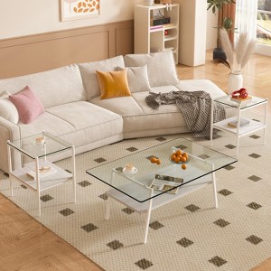FONTOI Coffee Table Set of 3 with Glass Tabletop&Layer, Modern Table for Living Room Bedroom Office, Clear&White, 22.84"*16.73"*38.58" - 1 of 4