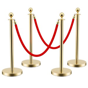 Stainless Steel Stanchion Post,Stanchions with Red Rope,Hollow Base and Velvet Ropes Safety Barriers Set - 1 of 4