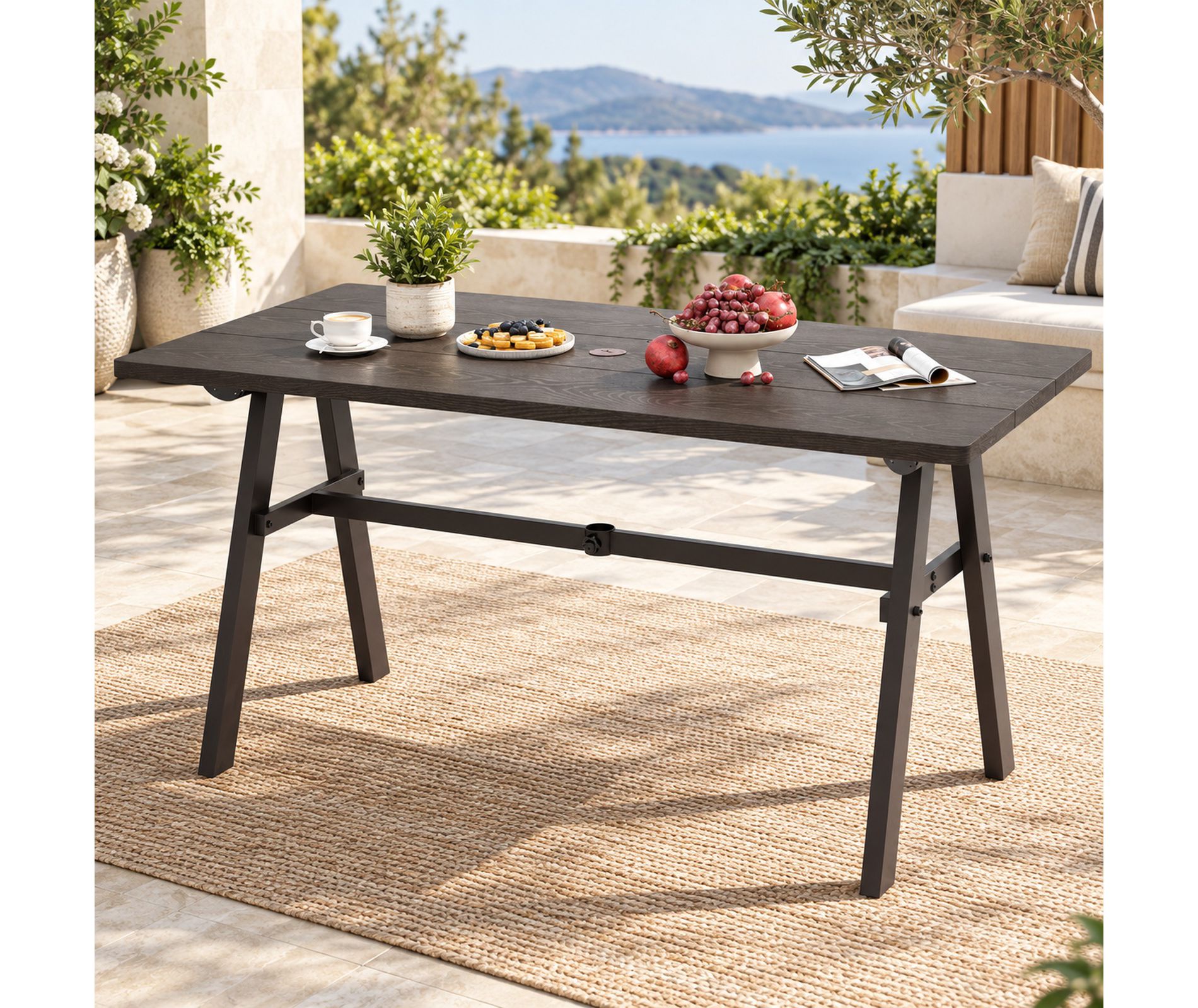 59 Inch Metal Outdoor Dining Table for 6 with 1.93 Inch Umbrella Hole, Rustproof Dark Brown