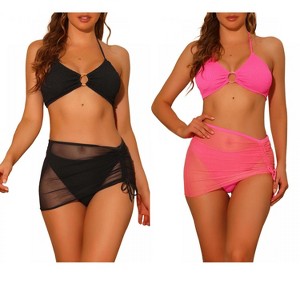 Elerevyo Women's Halter Ring Textured Solid Color Cover Up Mesh Skirt Bikini Bathing Suits 2 Sets - 1 of 4