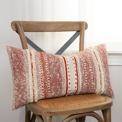 Rustic Rust and Ivory Cotton Embroidered Lumbar Pillow 11"x17"