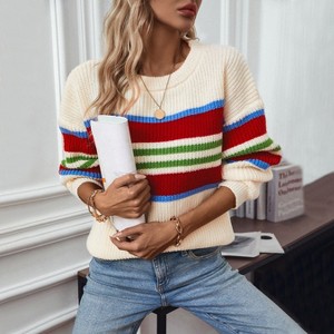 Women's Rainbow Striped Round Neck Long Sleeve Pullover Sweater - 1 of 4