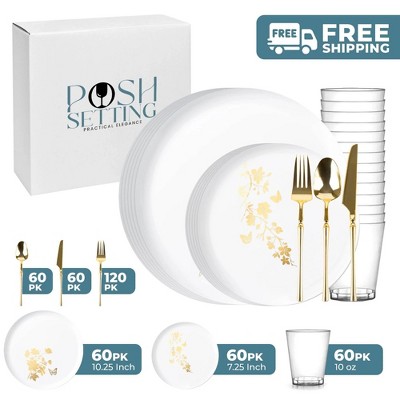 Posh Setting 420 Piece White And Gold Plastic Party Bundle - Garden Edge (60 Settings)