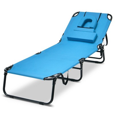 Tangkula 5-Position Lounge Chair Adjustable Beach Chaise w/ Face Cavity & Pillows