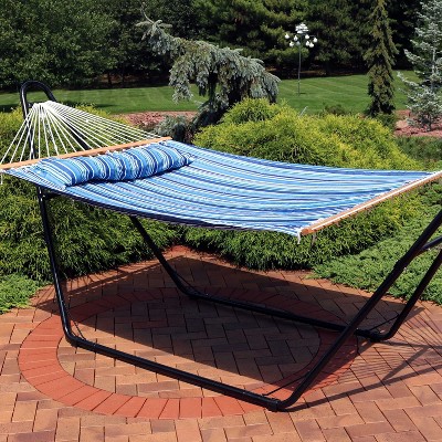 Blue Quilted Polyester 2-Person Spreader Bar Hammock with Pillow