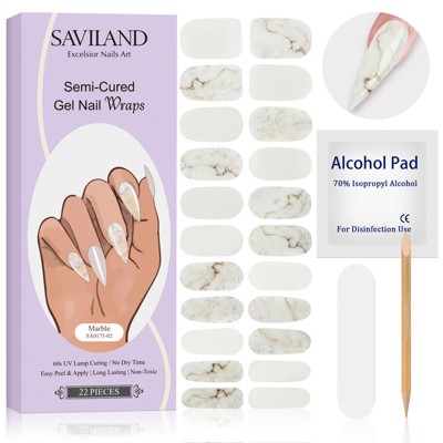 Saviland Women's 20pcs Semi Cured Gel Nail Strips Kit - Brighter Long Lasting Nail Design with Tools.(Marble Series)
