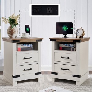 AMERLIFE Farmhouse Nightstand with Charging Station, 18" End Tables, Living Room, Antique White - 1 of 4