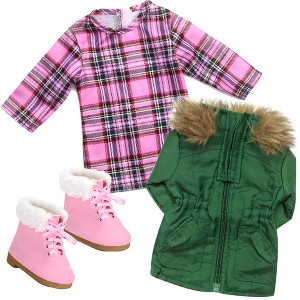 Sophia’s Complete Fall Outfit with Dress, Parka, & Booties for 18” Dolls, Pink/Green - 1 of 4