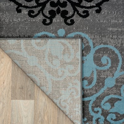 Gray and Blue Floral Synthetic Area Rug