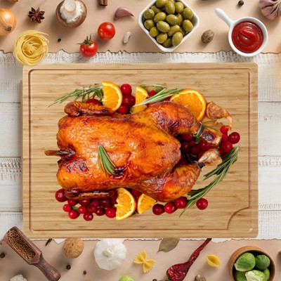 Large Bamboo Cutting Board for Kitchen, Sink Cutting Board, Butcher Block Chopping Board with Juice Groove, Wood Serving Tray for Charcuterie Turkey
