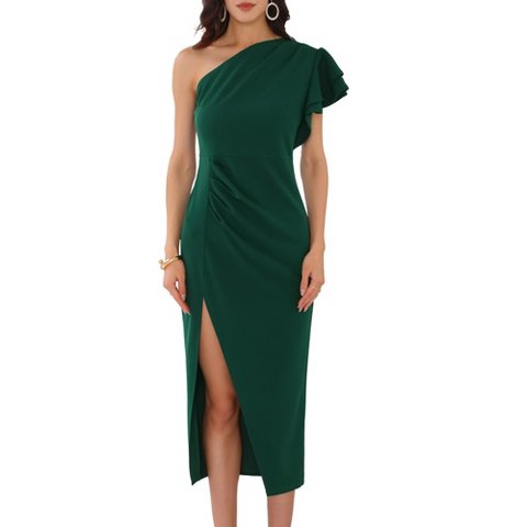 Женские платья INSPIRE CHIC Women's Cocktail Ruffle Sleeve Ruched Waist Split Hem One Shoulder Midi Dress Dark Green X-Large