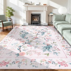 Washable Rugs for Bedroom Ultra-Soft Floral Peacock Floor Mat - 1 of 4