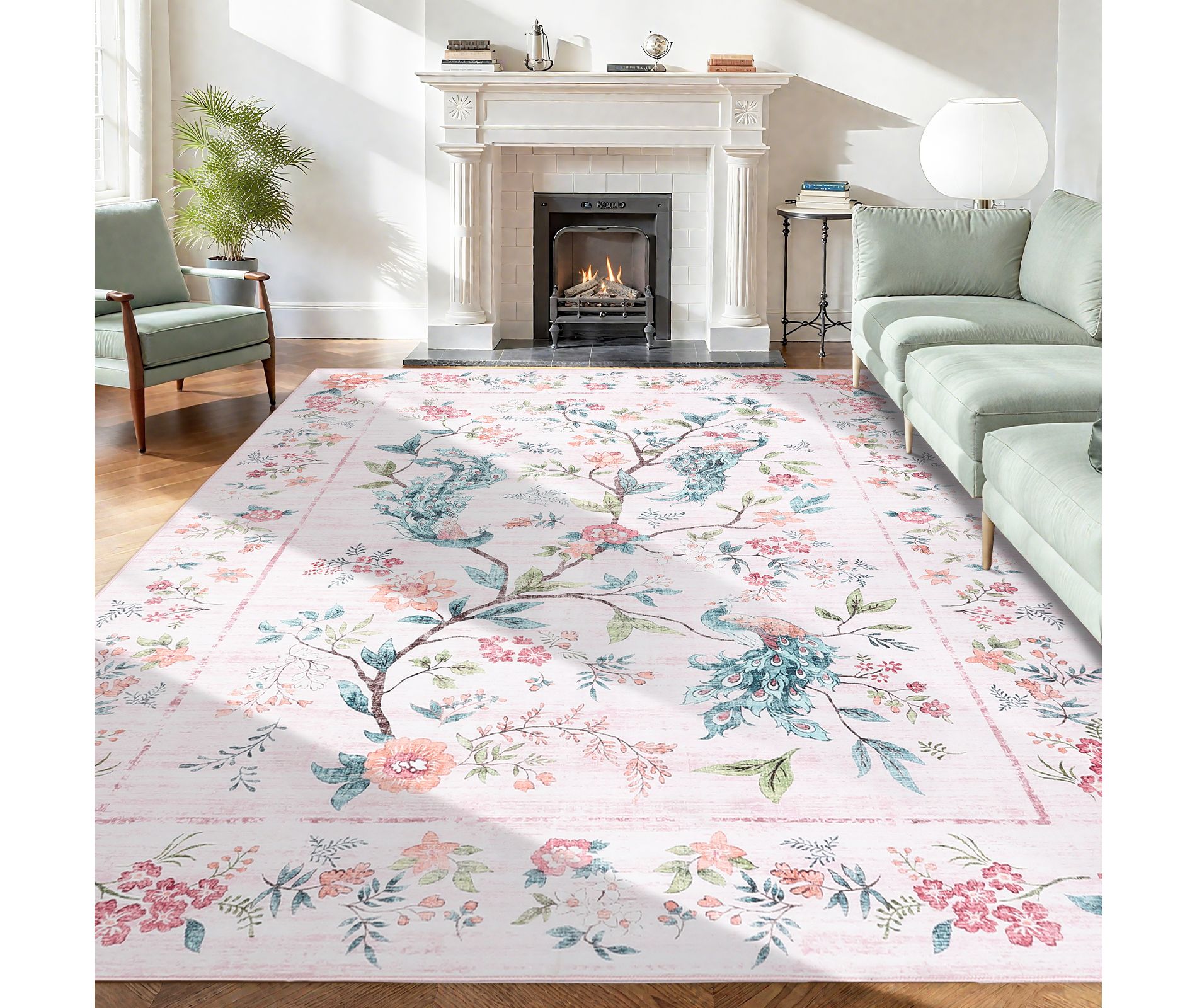 Floral Area Rugs 4x6 Washable Peacock Animal Print Bedroom Carpet, Foldable Farmhouse Accent Throw Rugs, Easy Cleaning Low Pile Floor Mats