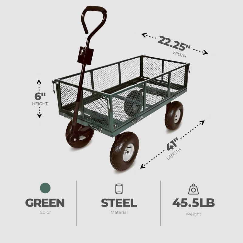 Green Thumb 4 Wheel Powder Coated Steel Garden Cart with Removable Mesh Sidewalls and Handles, Convertible to Trailer Hitch For Easy Towing, Green, 3 of 7