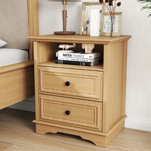 Brafabhome Mid-Century Wood Nightstands with 2 Drawers, Modern Bedside Table with Hidden Drawer and Storage Shelf for Bedroom Living Room | Natural - 1 of 4