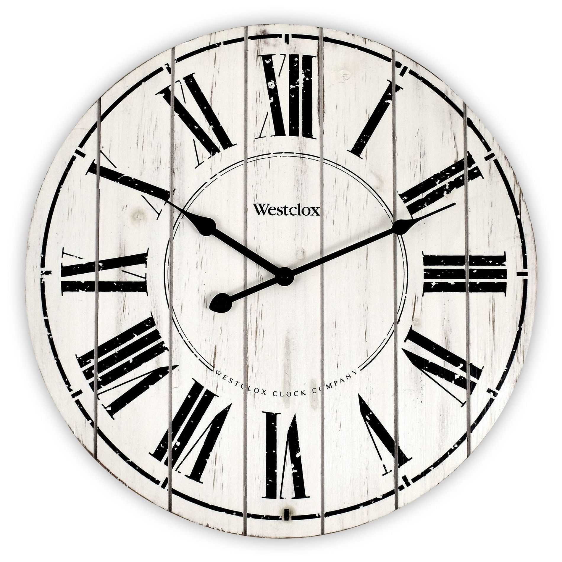 18" Plank Wood Wall Clock White - Westclox: Rustic Roman Numerals, Indoor Decor