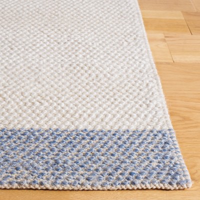 Ivory and Blue Striped Square Wool Area Rug, 6' x 6'