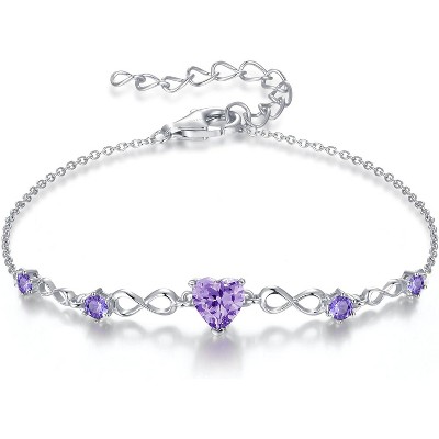Infinity Heart Birthstone Bracelet, 925 Sterling Silver Adjustable Charm Link Jewelry, Gift for Women Wife Mom