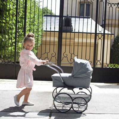 Grey and White Vintage-Style Doll Stroller with Removable Bassinet