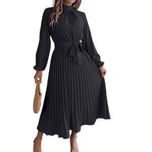 Women Pleated Dress Long Sleeve Stand Up Collar A-Line Flowing Dress With Belt - 1 of 4