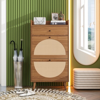 FONTOI Rattan Shoe Rack with 2 Doors& Drawer, Shoe Storage Cabinet Top Shelf for Entrance Door, Walnut, 9.45"*43.43"*23.7"