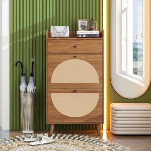 FONTOI Rattan Shoe Rack with 2 Doors& Drawer, Shoe Storage Cabinet Top Shelf for Entrance Door, Walnut, 9.45"*43.43"*23.7" - 1 of 4