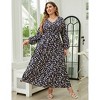 Women Plus Size V Neck Wrap Maxi Dress High Waist Ruffle Summer Casual Dress with Belt Long Sleeve,navy blue yellow flower - 4 of 4