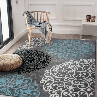 Gray and Blue Floral Synthetic Area Rug