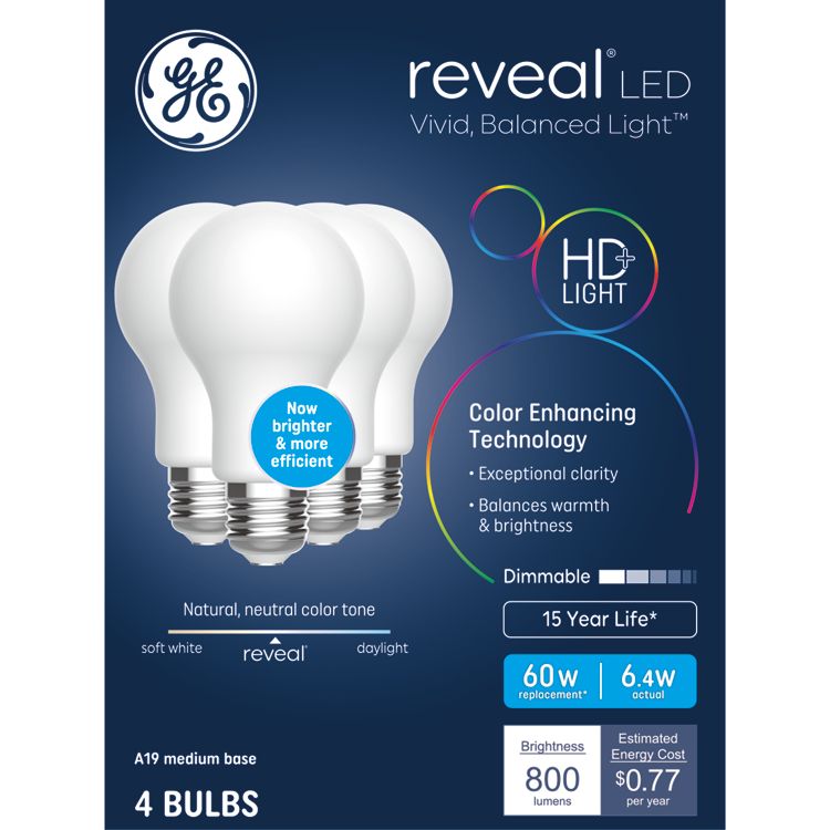 GE 4pk 60W A19 Reveal Light Bulbs, 1 of 4