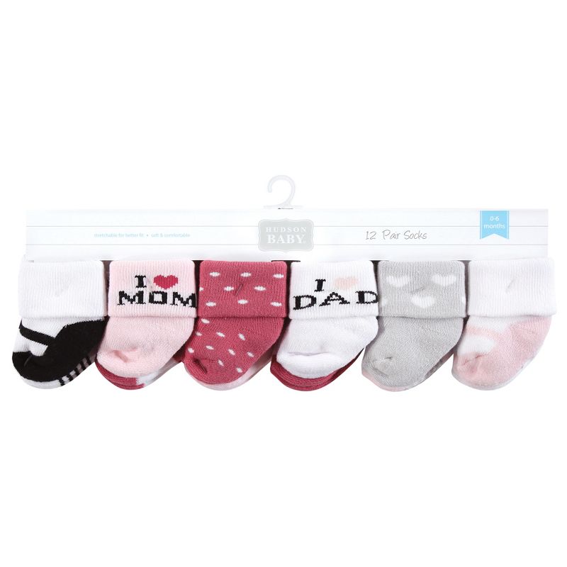 Hudson Baby Infant Girl Cotton Rich Newborn and Terry Socks, Mom and Dad Girl Pink Black, 3 of 10