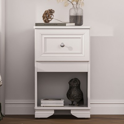 Okak Elegant Wooden Nightstand Dresser with Drawer and Open Shelf, Storage Bedside Table with Metal Handles for Bedroom Living Room Entryway, White
