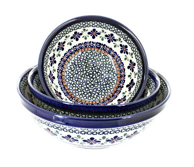Blue Rose Polish Pottery 1400- Zaklady 3 Piece Serving Bowl set