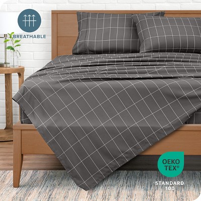 Queen Grid Grey/White Microfiber Deep Pocket Sheet Set