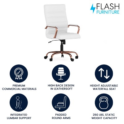 White LeatherSoft High Back Executive Swivel Chair with Rose Gold Metal Frame