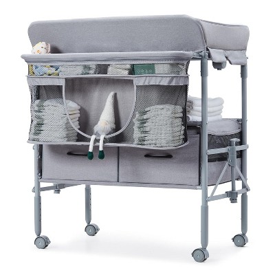 Baby Changing Table, Portable Foldable Changing Station with Waterproof Pad, Adjustable Height Diaper Station with 2 Drawers, Gray