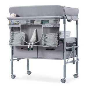 Baby Changing Table, Portable Foldable Changing Station with Waterproof Pad, Adjustable Height Diaper Station with 2 Drawers, Gray - 1 of 4