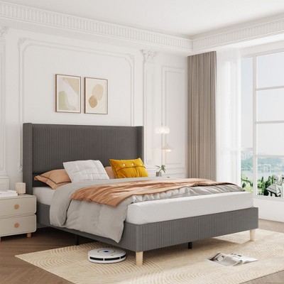 Corduroy Upholstered Bed Frame with 51" Wingback Headboard & Wooden Slats, No Box Spring Needed