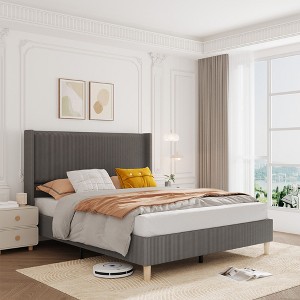 Corduroy Upholstered Bed Frame with 51" Wingback Headboard & Wooden Slats, No Box Spring Needed - 1 of 4